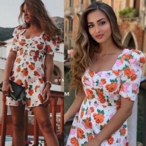 ZARA Blogger Favorite White Polka Dot Floral Puff Sleeve Mini Dress,  Size M